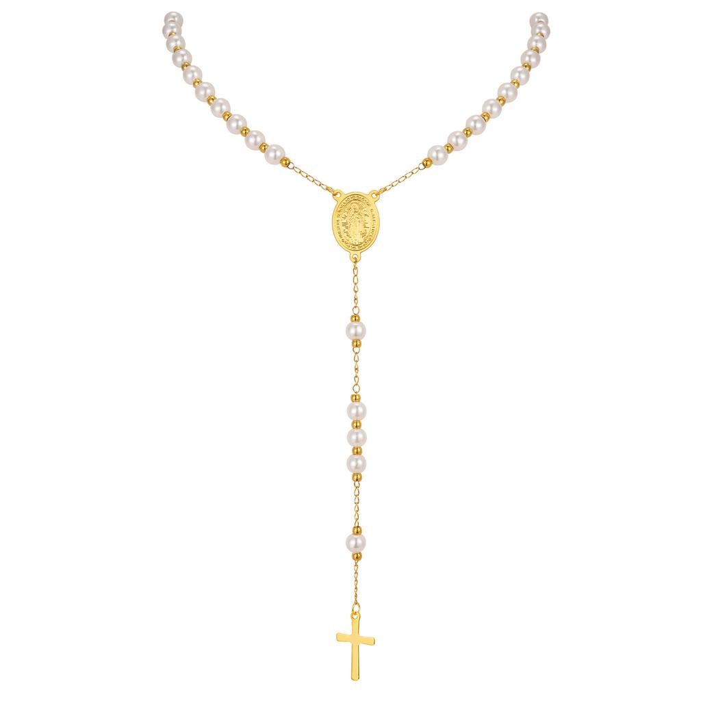 Rosary Pearls Beaded Cross Necklaces for Women, Virgin Mary Necklace, Non Tarnish Catholic Y Chain Crucifix Necklace Pendant
