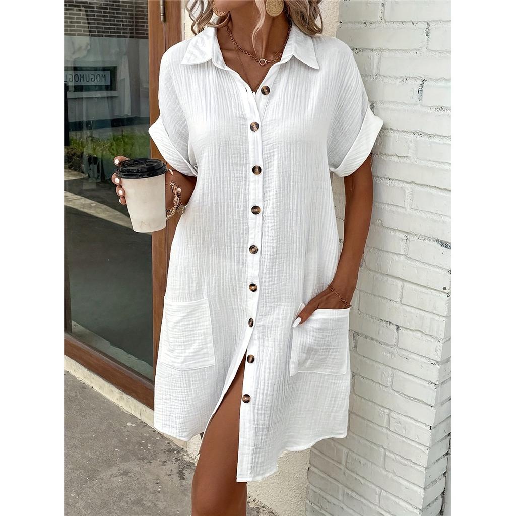 Women's Shirt Dress Solid Color Short-sleeved Lapel Cotton Linen Casual Loose Dress
