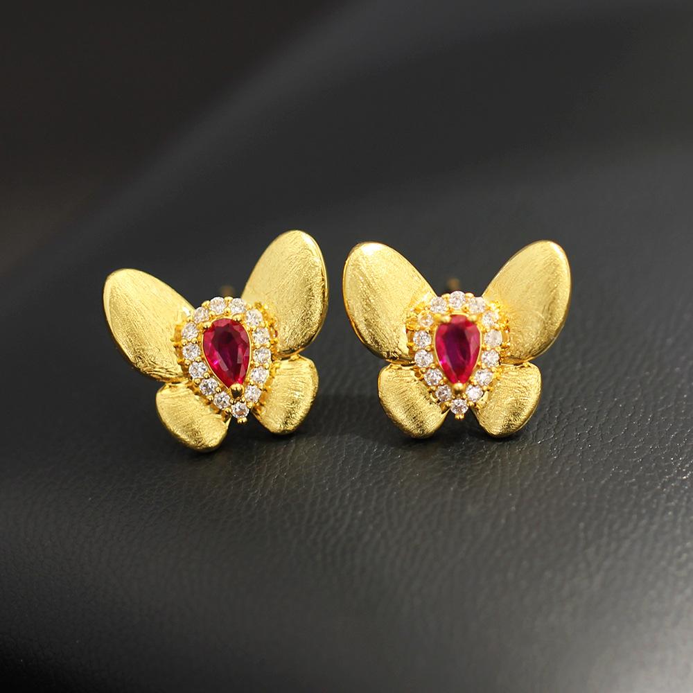 New product design brushed gold butterfly stud red green two-color insect earrings 925 silver needle earrings for women