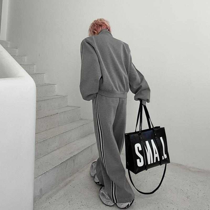 Spring retro stand-up neck cardigan sweater set men's niche webbing decorative design casual trousers sports two-piece set