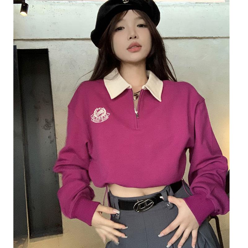 

Женский весенний пуловер с вышивкой, колор-блок, воротник поло, петит, длинный рукав, тонкий, короткий, свободного кроя XL [suggested 120-140 lbs] роза розовый