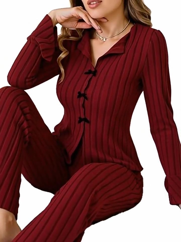 Pigiama da Donna Europeo e Americano Autunno/Inverno con Scollo a Revers e Fiocco - alla Moda, Sexy, Manica Lunga e Pantaloni per la Casa.