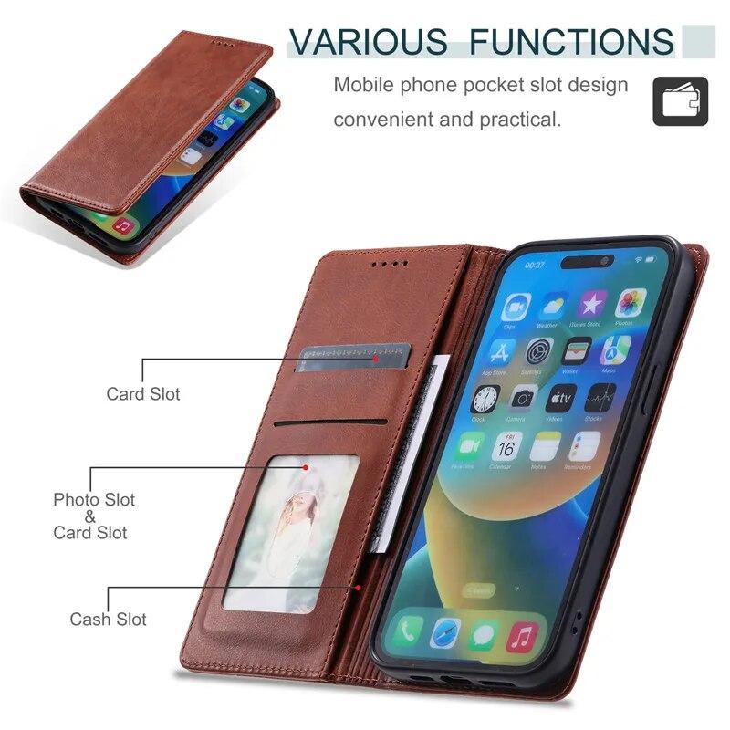 Leather Wallet Card Phone Case for iPhone 15 Pro Max 14 Plus 13 12 Mini 11 For Samsung Galaxy S23 Ultra S22 S21 S20 FE A54 A34 A14 A73 A53 Flip Cover