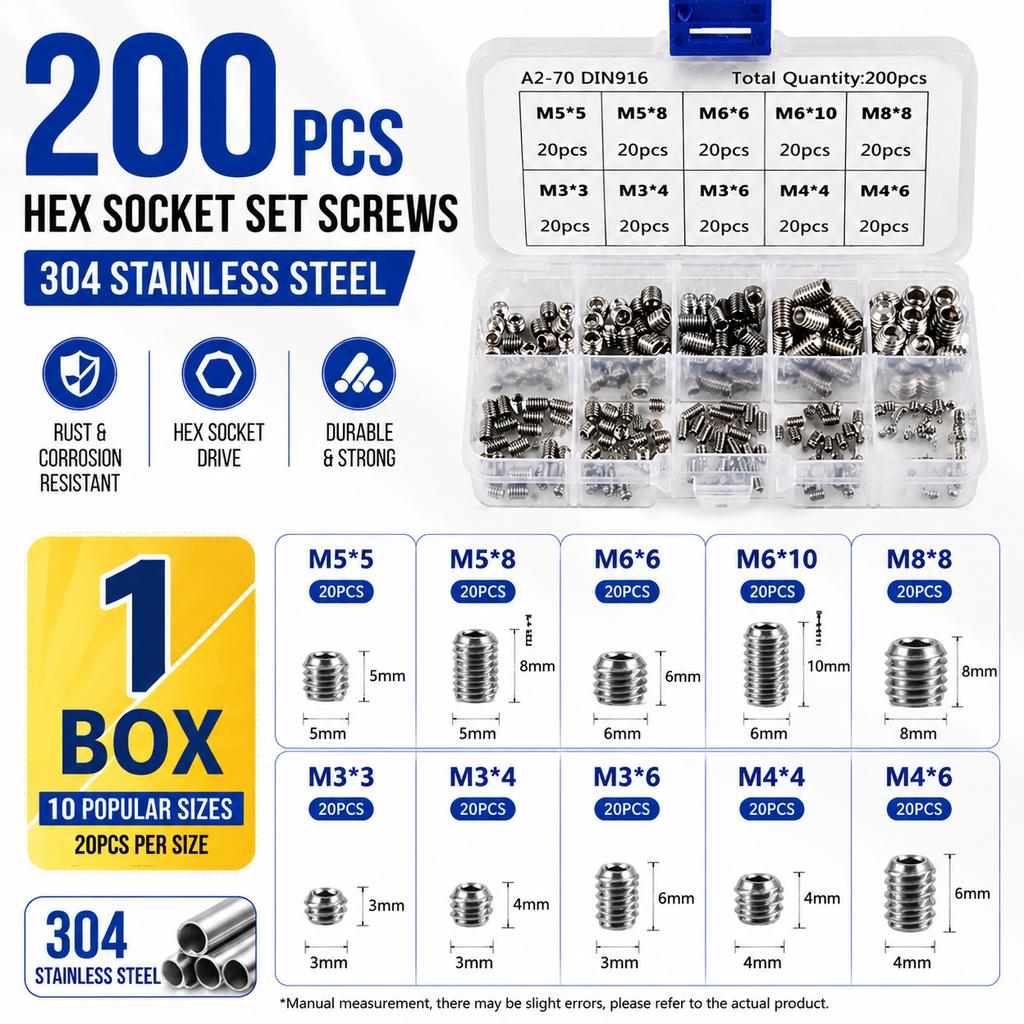 111 Stainless Steel Hex Socket Set Screw Kit 111PCS Flat Point Grub Screws M1 To M11 Box Set with Tray