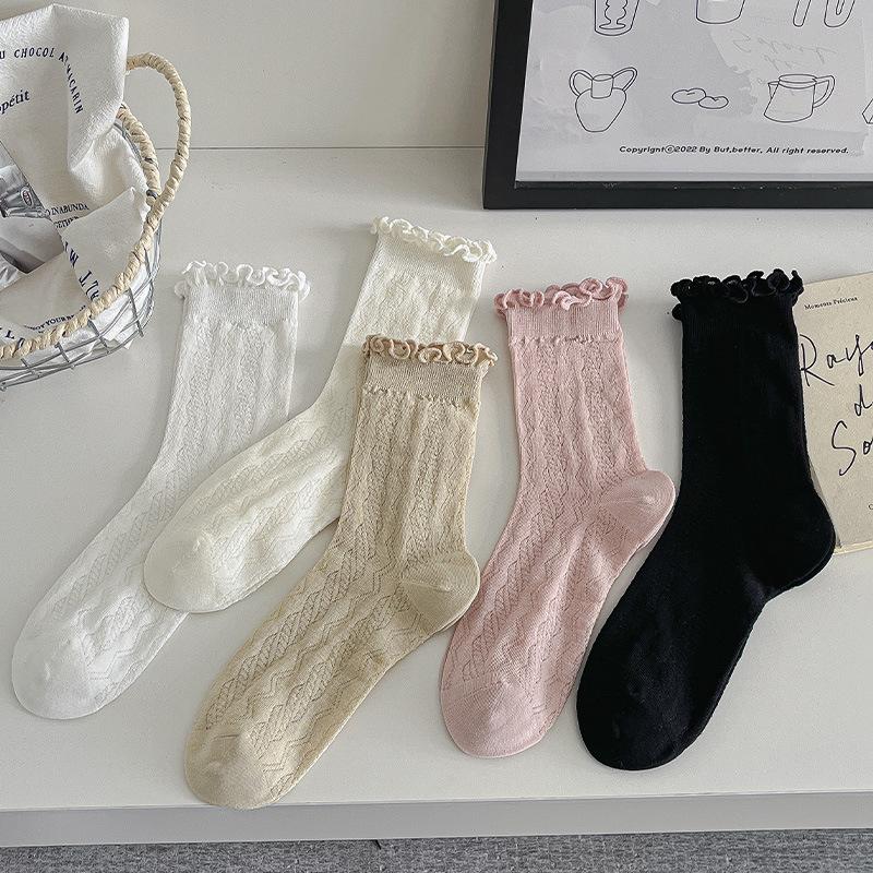 Summer Thin Ballet Style Hollow Mesh Fungus Lace Socks Boneless Black And White Medium Tube Stacking Socks