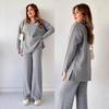 Herbst und Winter Mode Damen Einfarbige Lockerer Saum Schlitz Pullover und Hose Zweiteiliges Set