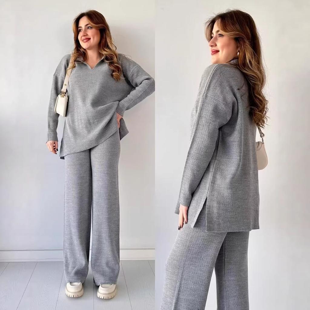 Herbst und Winter Mode Damen Einfarbige Lockerer Saum Schlitz Pullover und Hose Zweiteiliges Set