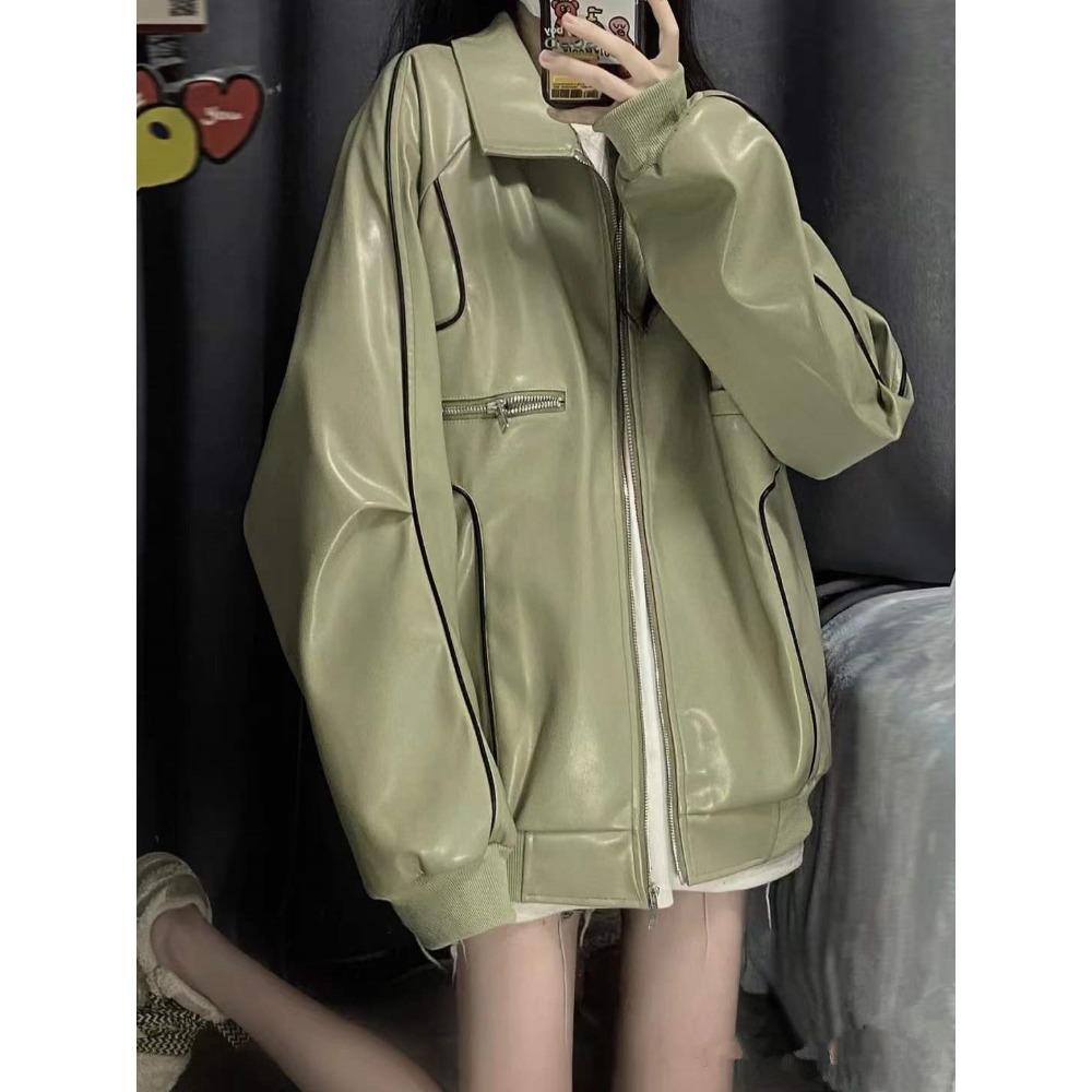 

American retro high street contour locomotive leather jacket men s and women s spring new PU leather couple baseball jacket tide XXL зелений