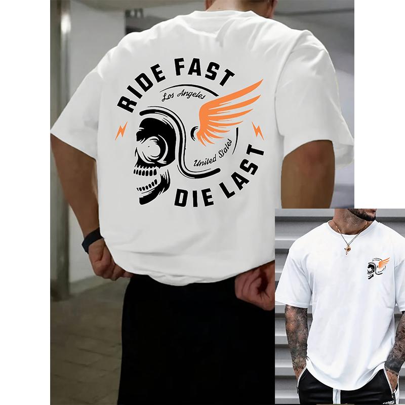 Mens RIDE FAST Skull Pattern Tshirt Casual Summer  with Bold Ride Fast Print and Wing Design Shortsleeved Round Neck