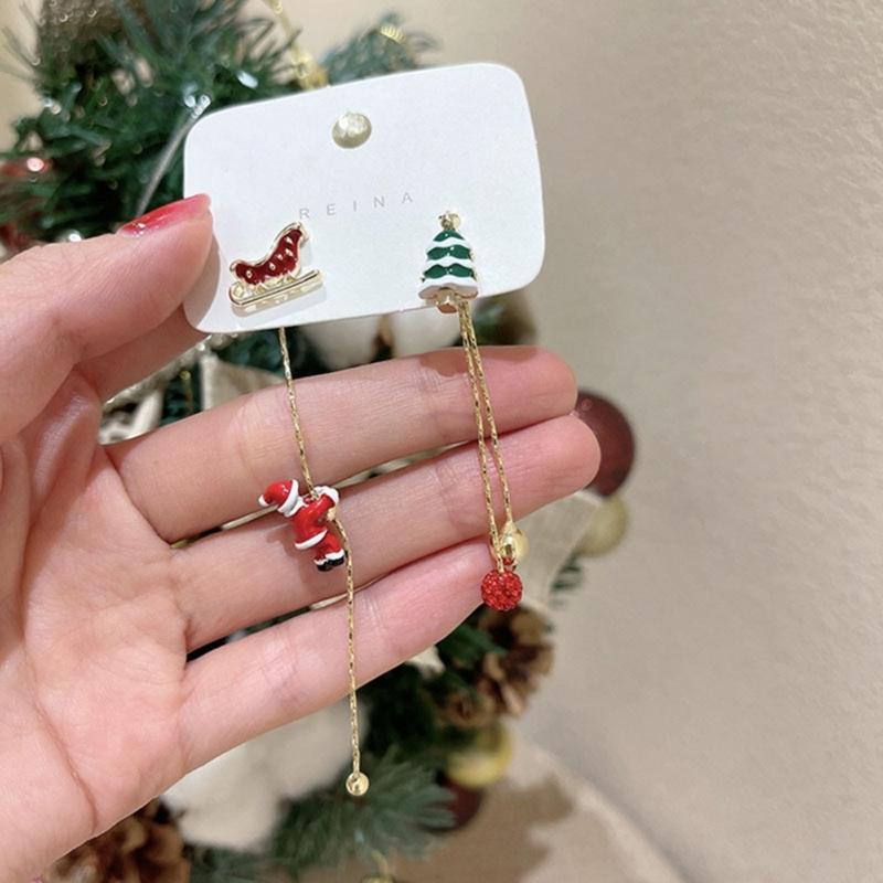 Asymmetric Earrings Santa Claus Dangle Earrings Long Tassel Berry-Pendant Stud Earring for Women Girl Christmas-Decor