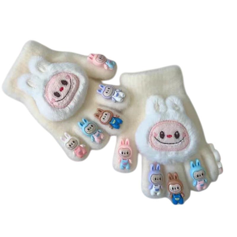 Labubu Kinder Herbst/Winter Samt Warme Handschuhe - Niedliches Cartoon Vollfinger-Design