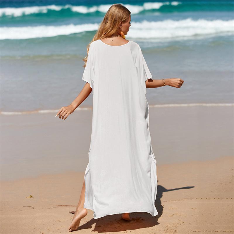 Casual Solid Long Kaftan Loose V-neck Half Sleeve Maxi Dress Summer Clothes Women Beach Wear Swim Suit Cover Up EMA