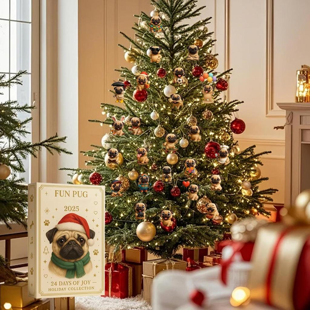 2025 24 Days Pug Christmas Advent 2D Acrylic Pet Seasonal Decor Pug Tree Ornament Countdown Calendar For Home Kids Adults Gifts