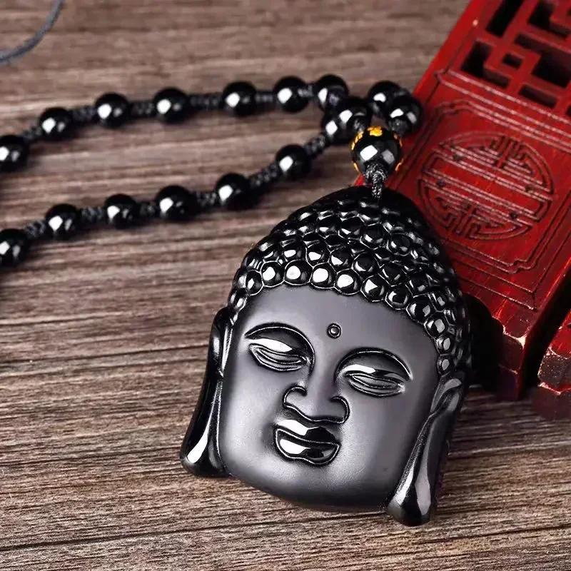 Obsidian Buddha Head Lucky Amulet Pendant Tathagata Buddha Blessing Necklace Religious Buddhist Jewelry Men and Women Gifts