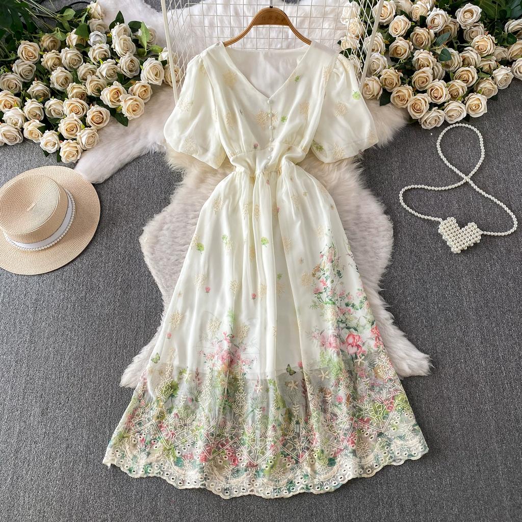 Summer Vintage Hollow Out Embroidered Midi Dress Women's V-neck Short Sleeve Elastic Waist Slim Long Dress