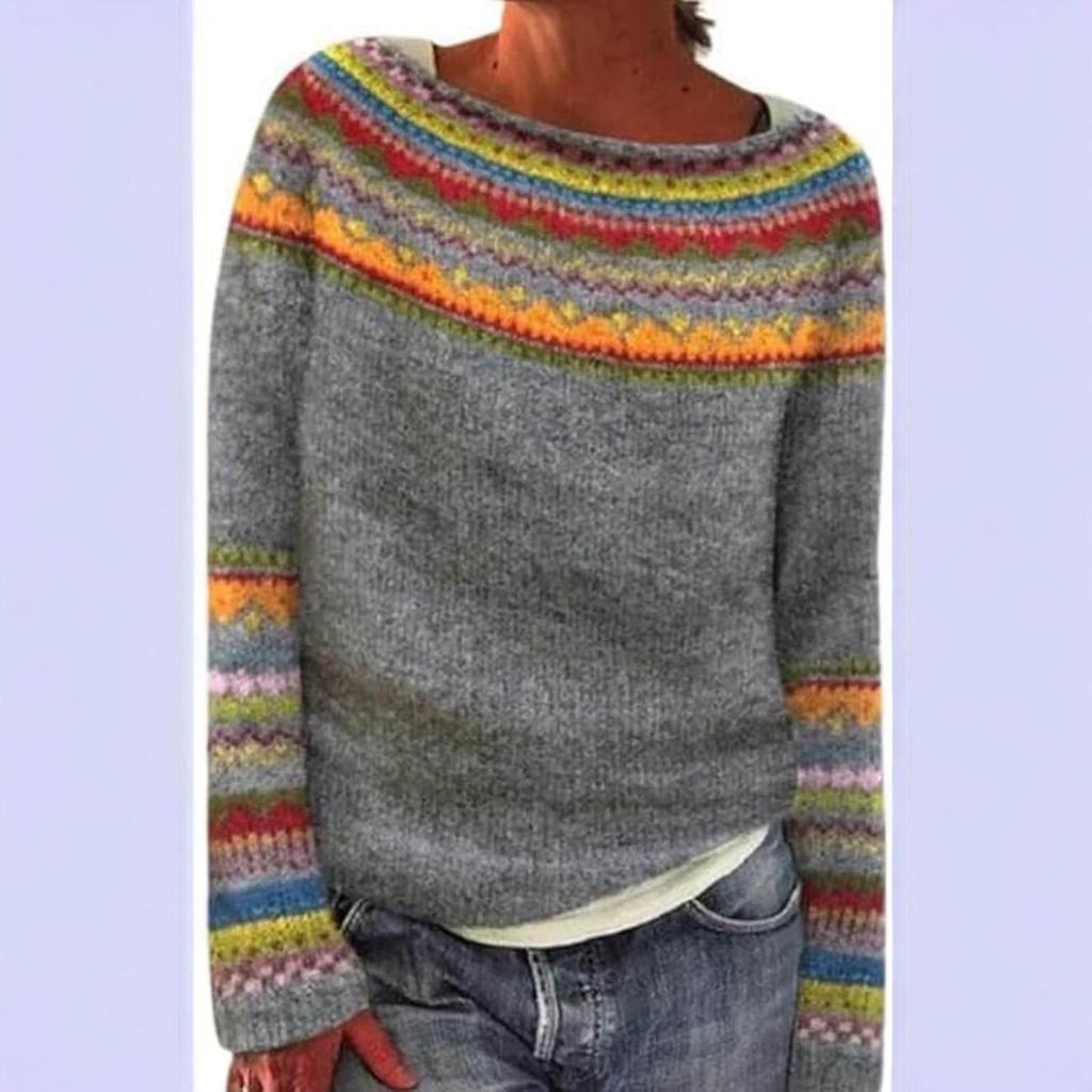 Women's American Style Color Block Knit Sweater - Trendy, Loose, Round Neck Design