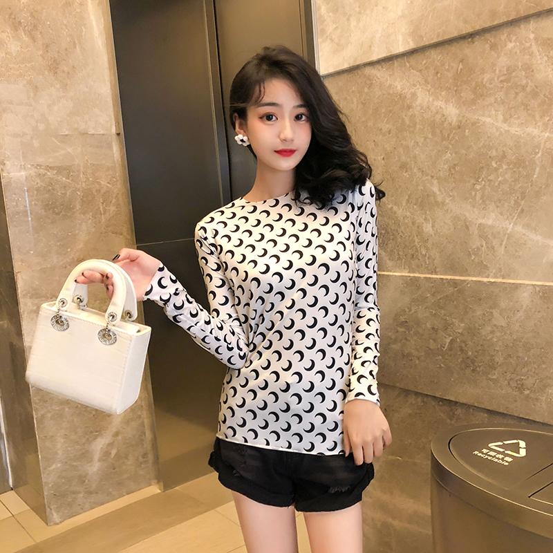 Spring/Summer Korean Moon Underlay Shirt for Women's Versatile Fit Fit Elastic Slim Print Top Large Long Sleeve T-shirt