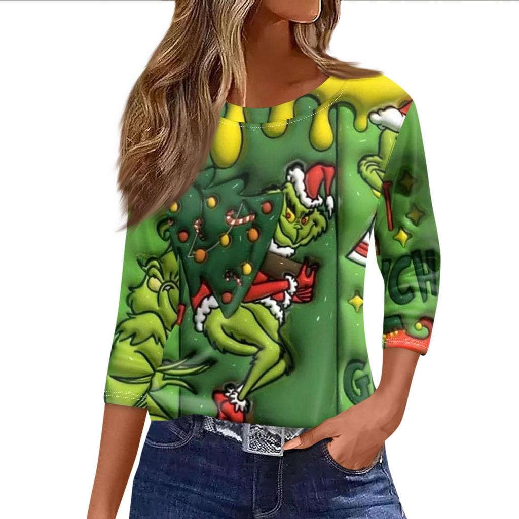 Damen Modisches Lässiges Dreiviertelarm Weihnachts-Print Rundhals-Top