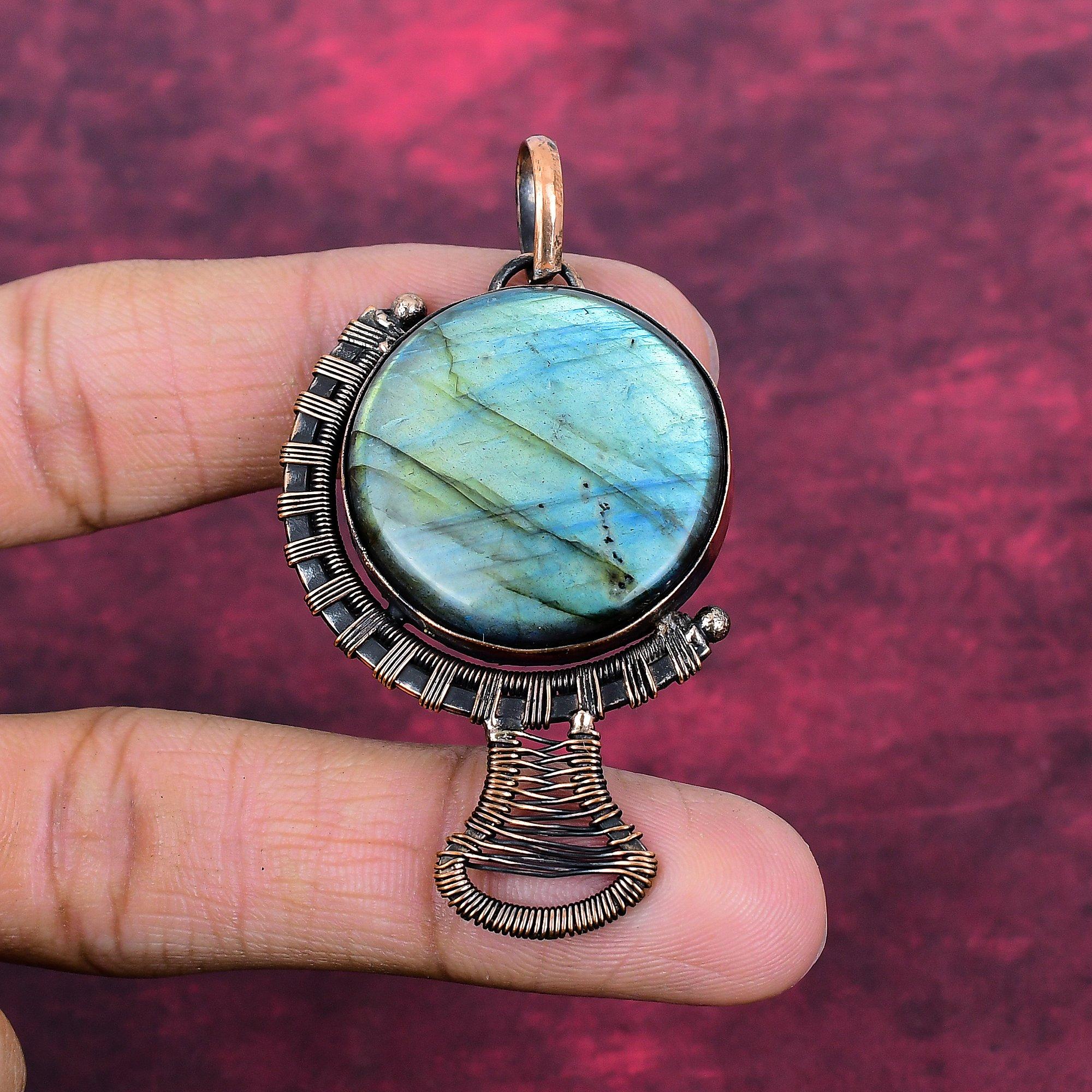 Подвеска из камня Лабрадорит Медная проволока Обернутое ювелирное изделие Ручная работа Уникальная подвеска