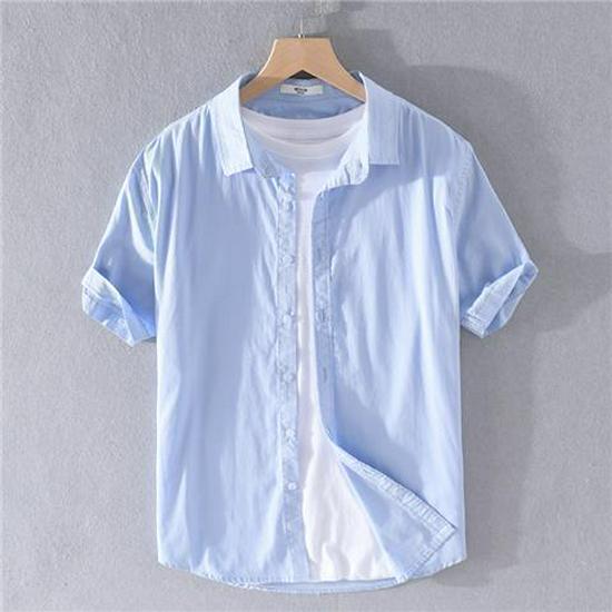 Men's White Slim-Fit Short-Sleeve Oxford Shirt with Square Collar