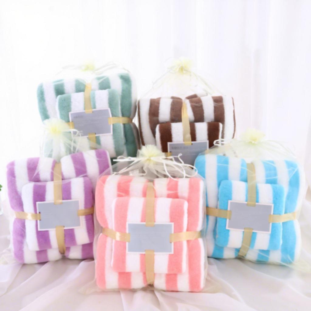 Two Piece Absorbent Coral Fleece Bath Towel Set Absorbs Water Towel Set Quick Dry Bath Fluffy Microfiber Towel for Household