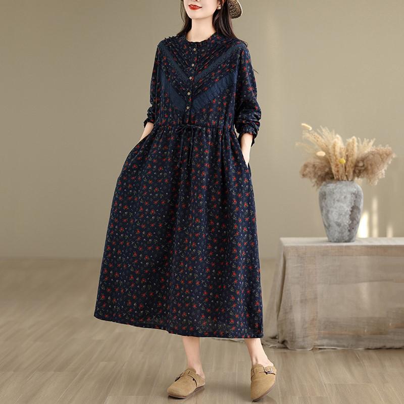 long sleeve Plus size Cotton linen vintage floral new in dresses for women casual loose long spring autumn dress