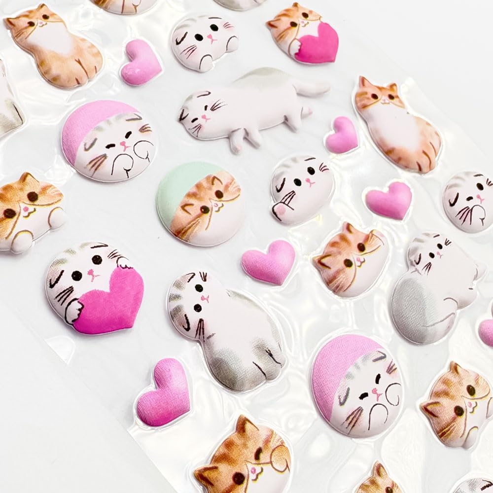 Puffy Animal Stickers Cat Stickers Puffy and Soft Planner Album EVA Material W90 x H175mm - - - Cat, Heart, Animal, Decoration, Diary, - -