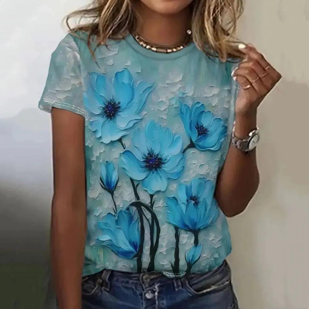 Summer Round Neck Flower Pattern 3D Print Top Fashionable Casual Short Sleeved Women's T-shirts