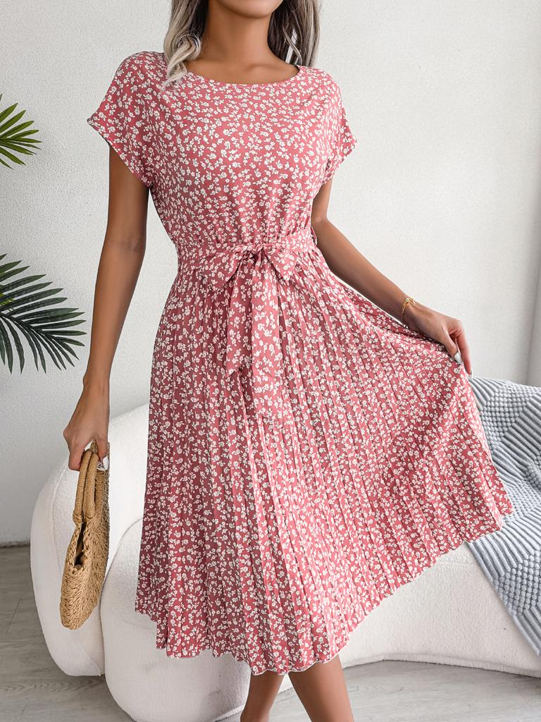 Fashion Floral Pleated A Line Long Dress Women Spring Summer Short Sleeve High Waist Chic Dress 2024 Casual Blue Bohemian Dress