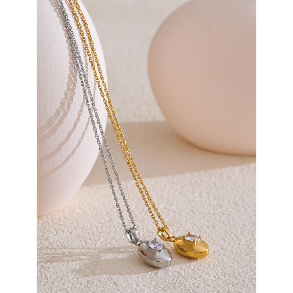 Yhpup Stainless Steel Cubic Zirconia Solid Metal Oval Pendant Necklace Tarnish Resistant Popular Jewelry Gift