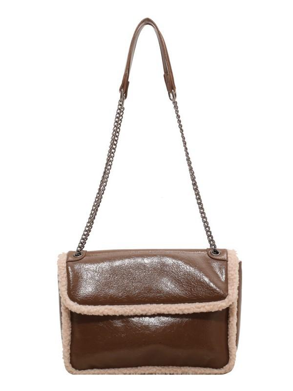 Women's Shoulder Bag Autumn Winter Fashion Lamb Wool PU Splicing Crossbody Bags Large Capacity Oil Wax Leather Chain Handbags