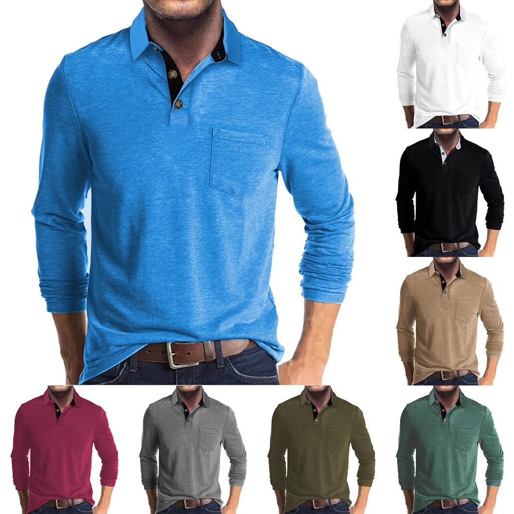 Men's Solid Color Button Lapel Long Sleeve Top Men's Casual Fashion Long Sleeve Top