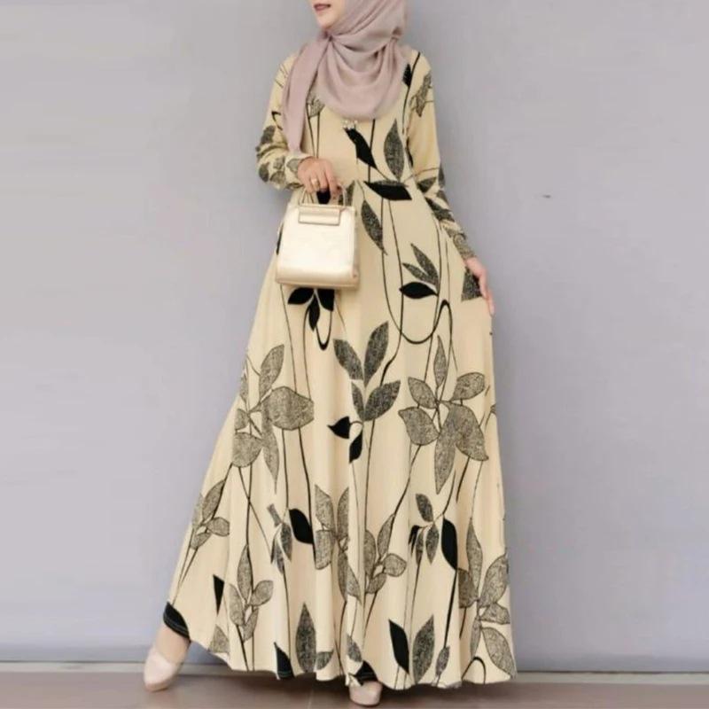 Cross-border 2025 Bohemian Floral Print Muslim Women's Sundress with Long Sleeves and Big Swing