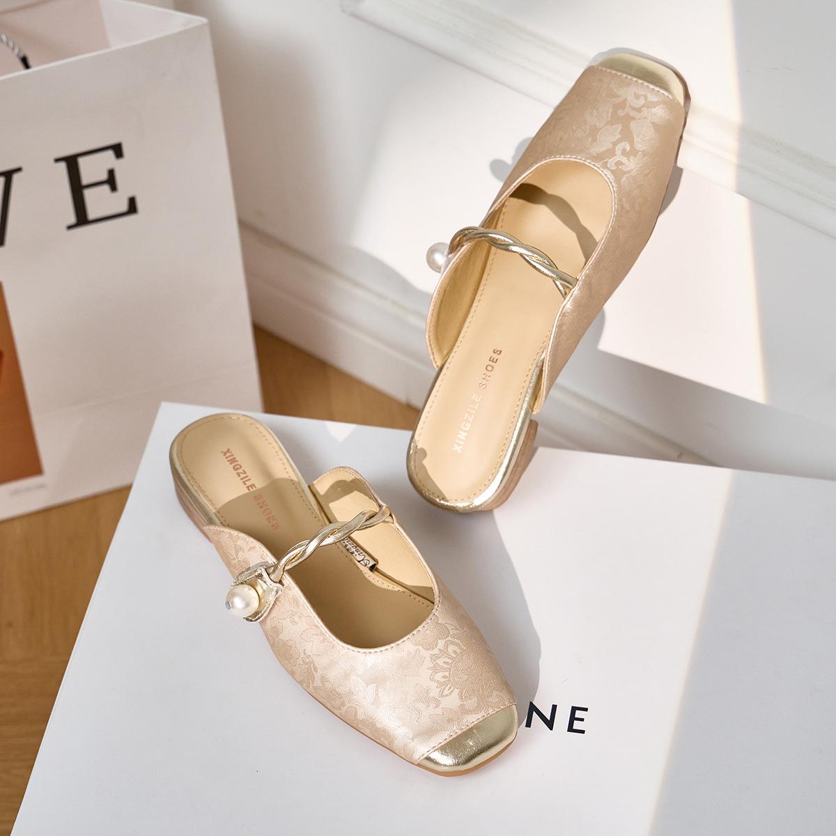 

Кожаные Крутые Тапочки Женские Туфли Мюли Овчина Мягкие Стельки Без задника Ленивые Туфли Низкий Каблук Летние Уличные Баотоу Полутапочки 35 абрикосовый