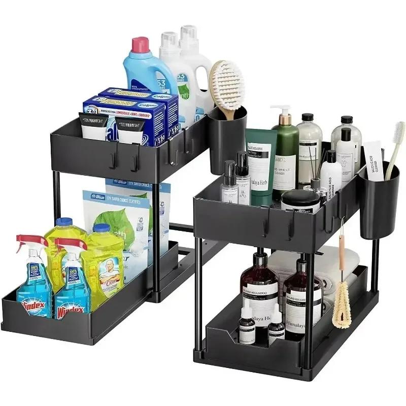 Organisateur coulissant à 2 niveaux pour sous l'évier, panier coulissant pour armoire avec crochets et tasses suspendues pour le rangement de la cuisine et de la salle de bain