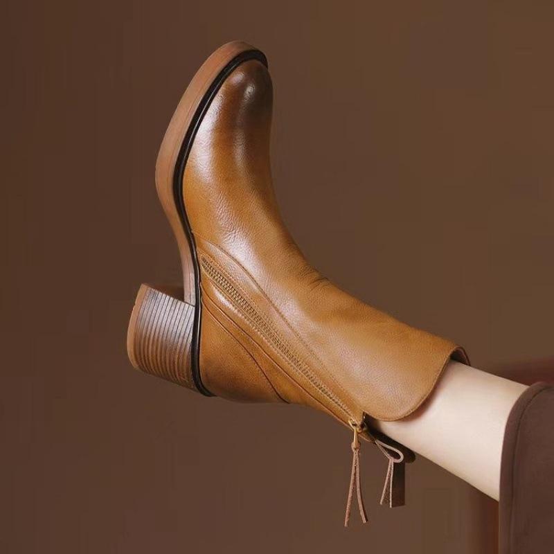 Autumn Coarse Heel Brown Short Boots Women's British Side Zipper High Heel Brushed Vintage Round Martin Boots