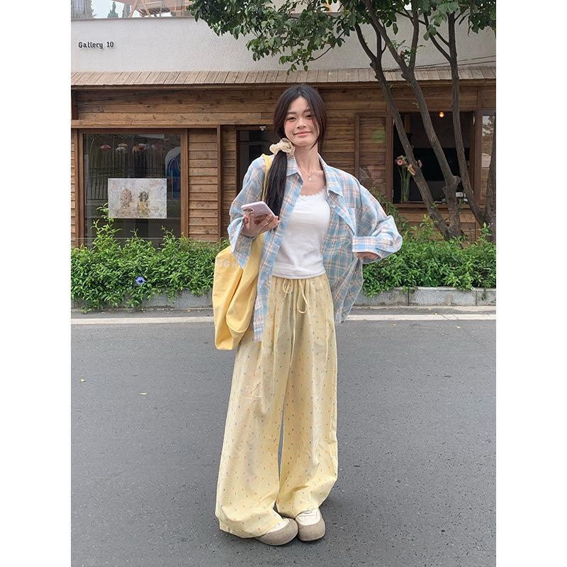 2025 Women's Yellow Jacquard Straight-Leg High-Waisted Slimming Summer Pants