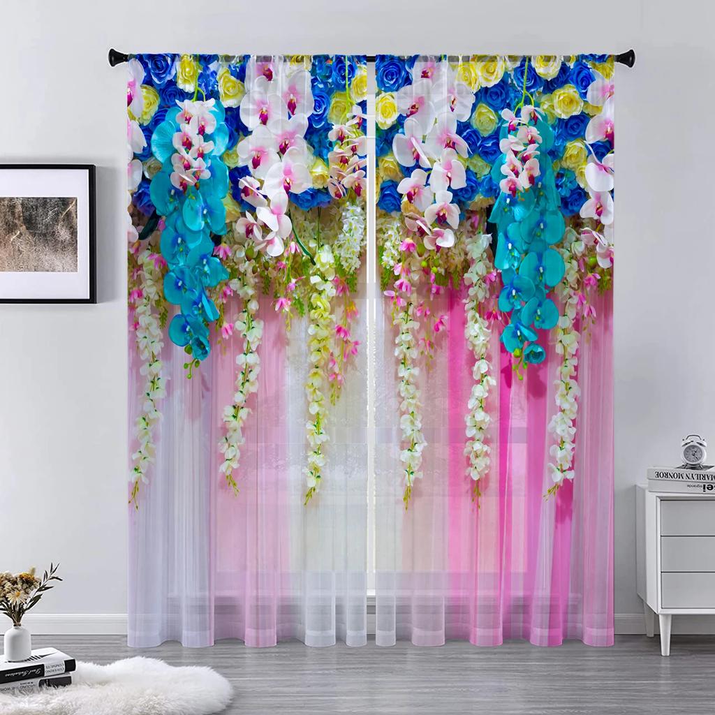Flower Wall Voile Curtains Living Room Bedroom Decoration Transparent Chiffon Tulle Curtain Kitchen Window Treatment Sheer Polyester Sitting Decor
