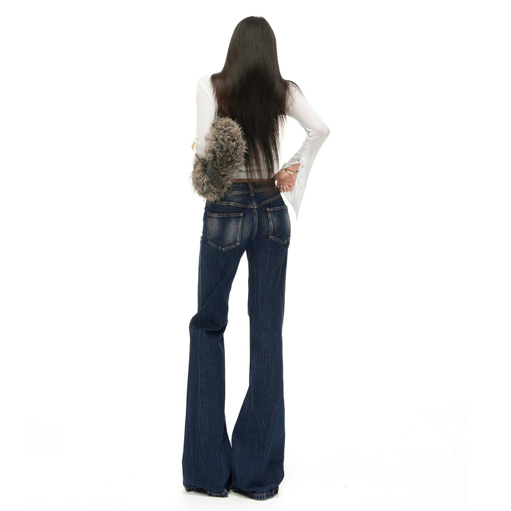 American dark blue micro-pull jeans women's autumn new Spice Girl low-rise elastic thin flared pants