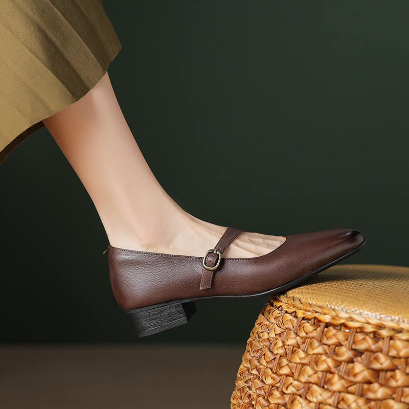 Hovězí kůže s kulatou špičkou tlusté střední podpatky podzimní boty Mary Janes pevné dámské lodičky