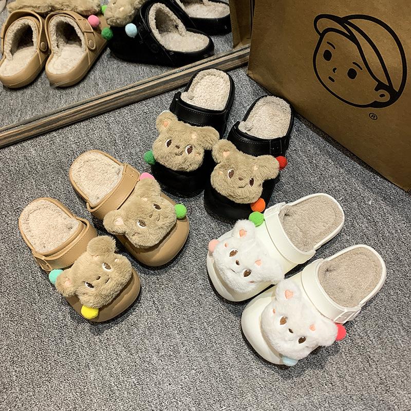 Cute bear cartoon cotton slippers women wear winter thick bottom warm indoor home removable wool cotton slippers