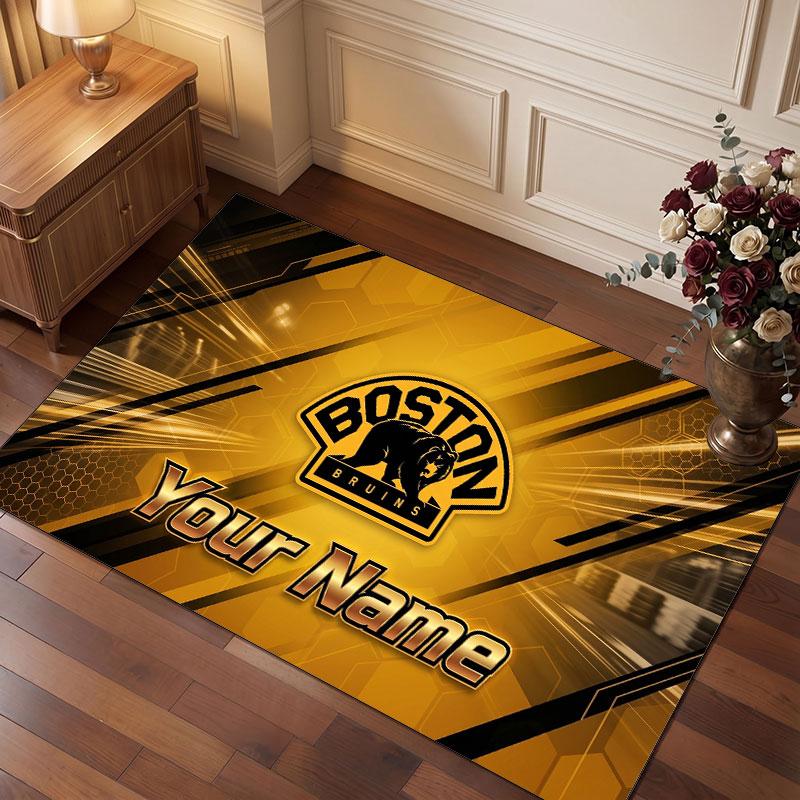 Boston Bruins Personalized Crystal Velvet Carpet, Customized Name Text Soft Anti‑Slip Rug for Living Room Bedroom