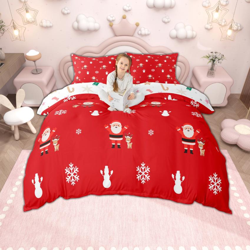 Homewish Kids Merry Christmas Duvet Cover Set, Cute Snowman Santa Claus Bedding, Tree Quilt Cover Set