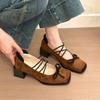 High Heels Women Shoes Retro Suede Bow Mary Jane Shoes Women Spring Versatile Thick Heel Single Shoes Tacones Mujer