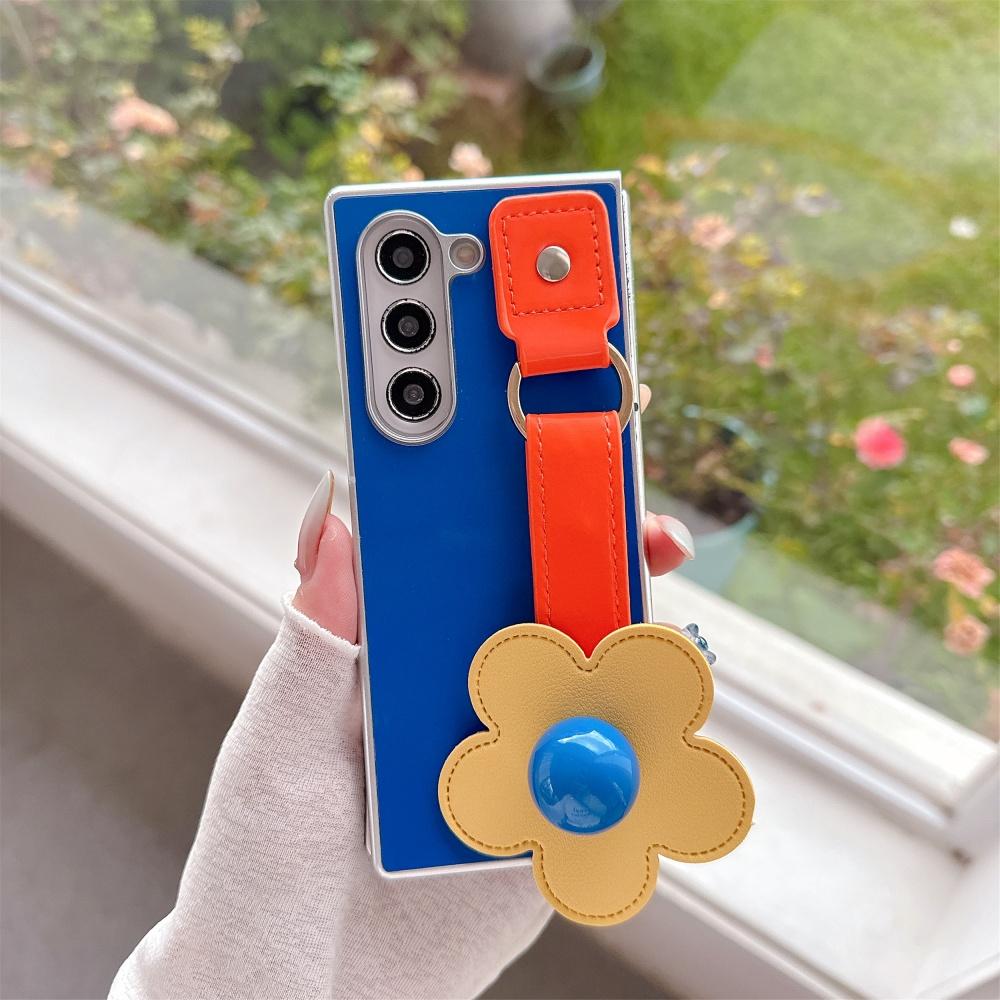 Cartoon Flower Wristband Leather Case for Samsung Galaxy Z Fold 7 6 5 Zfold 3 4 Color Collision Wrist Strap Shockproof Ins Cover