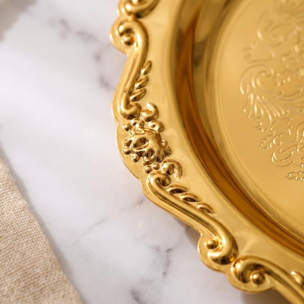 2pcs Golden Color Fruit Decorative Plate Carved Edge Round Food Tray  For Baked Goods
