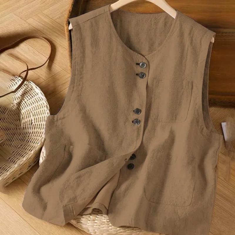 Gilet Lin Gris Clair Femme Col Rond Boutonnage Asymétrique Sans Manches Gilet Décontracté •