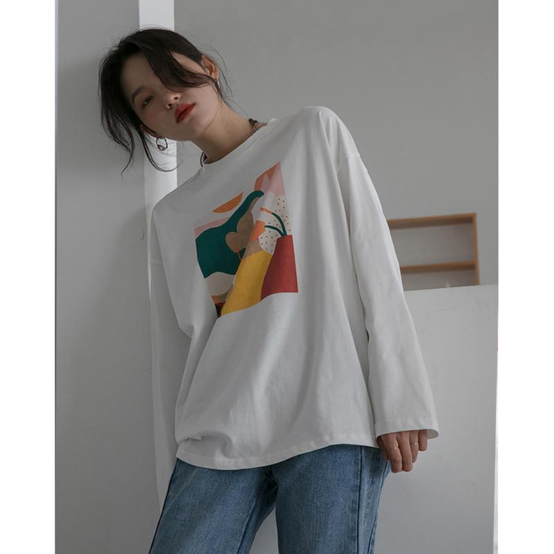 Hirsionsan Vintage Printed Long Sleeve T-shirt Women Loose 100% Cotton O-neck Tees Female Chic Aesthetic Graphic Pullover 2023