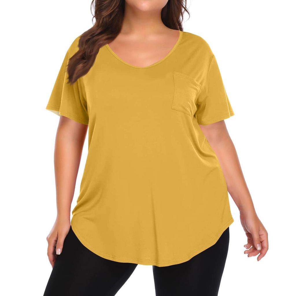 Women's Solid Color Large Size V-neck Top Loose Pocket T-shirt