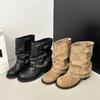 Internet celebrity street shot retro black short boots women's 2025 new rivet pant tube boots western boots pleated pile boots locomotive boots